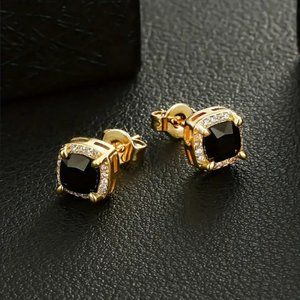 Mens 2ct Black Diamond 14K Gold Square Stud Earrings Studs Stamped Jewelry 2 ct